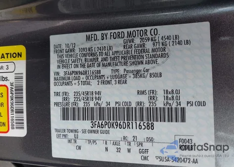 2013 Ford Fusion Titanium from USA, damaged, VIN 3FA6P0K96DR116588